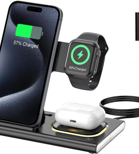 3 in 1 Foldable Charging Station Compatible with Apple Products,Fast Wireless Charger Travel Dock Adapter&Light for Iphone 15 14 13 12 11 Pro Max,Watch 9 8 7 6 5 4 3 2 Se and Airpods,Black