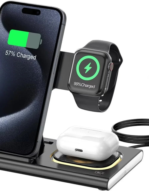 Load image into Gallery viewer, 3 in 1 Foldable Charging Station Compatible with Apple Products,Fast Wireless Charger Travel Dock Adapter&amp;Light for Iphone 15 14 13 12 11 Pro Max,Watch 9 8 7 6 5 4 3 2 Se and Airpods,Black
