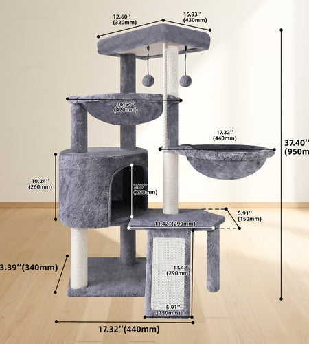 37.4'' Cat Tree Cat Tower with Scratching Posts, Activity Centre Climbing Tree Cat Furniture with Cat Condo and Two Hammocks, Grey