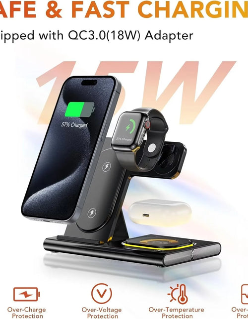 Load image into Gallery viewer, 3 in 1 Foldable Charging Station Compatible with Apple Products,Fast Wireless Charger Travel Dock Adapter&amp;Light for Iphone 15 14 13 12 11 Pro Max,Watch 9 8 7 6 5 4 3 2 Se and Airpods,Black
