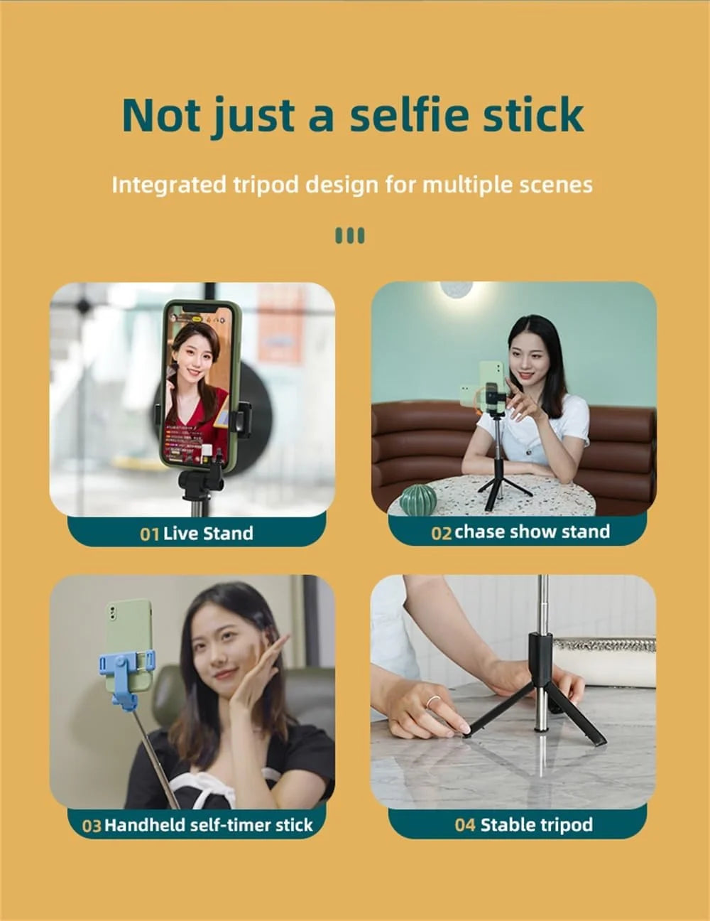 Selfie Stick Tripod,3 in 1 Extendable 360° Rotation Tripod Stand with Detachable Wireless Remote Portable Mobile Phone Holder Compatible with Iphone,Android,Samsung (White+Light)