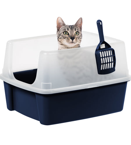 , High Sided Open Top Cat Litter Box with Scoop, Navy