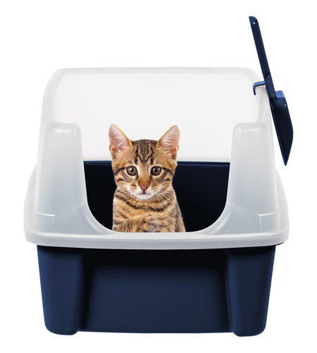 , High Sided Open Top Cat Litter Box with Scoop, Navy