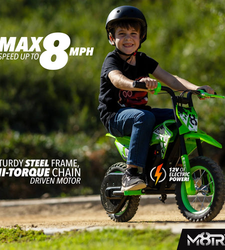 Green 12V Mini Electric Child Dirt Bike, Battery Powered Toy Motorcycle, Kids Ride On, Ages 5 Years and Up