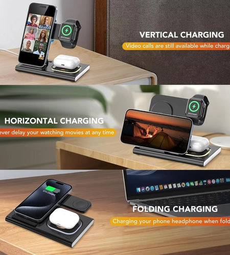 3 in 1 Foldable Charging Station Compatible with Apple Products,Fast Wireless Charger Travel Dock Adapter&Light for Iphone 15 14 13 12 11 Pro Max,Watch 9 8 7 6 5 4 3 2 Se and Airpods,Black