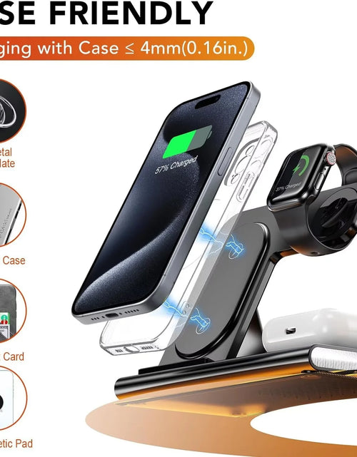 Load image into Gallery viewer, 3 in 1 Foldable Charging Station Compatible with Apple Products,Fast Wireless Charger Travel Dock Adapter&amp;Light for Iphone 15 14 13 12 11 Pro Max,Watch 9 8 7 6 5 4 3 2 Se and Airpods,Black
